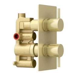 Arezzo Brushed Brass Round Concealed Twin Valve with Diverter, Bath Spout + Shower Handset -Bath Taps Shop AZBBSPK6 n d2 460