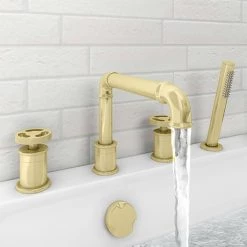 Arezzo Brushed Brass 4TH Industrial Style Deck Mounted Bath Shower Mixer inc. Pull Out Handset