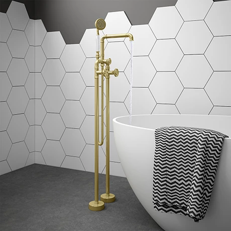 Arezzo Brushed Brass Industrial Style Freestanding Bath Shower Mixer Tap 3 Arezzo Brushed Brass Industrial Style Freestanding Bath Shower Mixer Tap