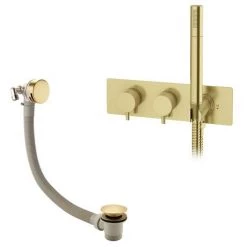 Arezzo Brushed Brass Round Concealed Thermostatic Shower Valve w. Handset + Freeflow Bath Filler -Bath Taps Shop AZSVHBBF n d5 460