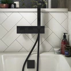 Arezzo Matt Black Square Concealed Thermostatic Shower Valve w. Handset + Freeflow Bath Filler