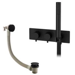Arezzo Matt Black Round Concealed Thermostatic Shower Valve w. Handset + Freeflow Bath Filler -Bath Taps Shop AZSVHMBF d4 460